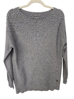 Alea Sweater Large Pearl Embellished Pullover Gray Ribbed Knit Viscose Boatneck